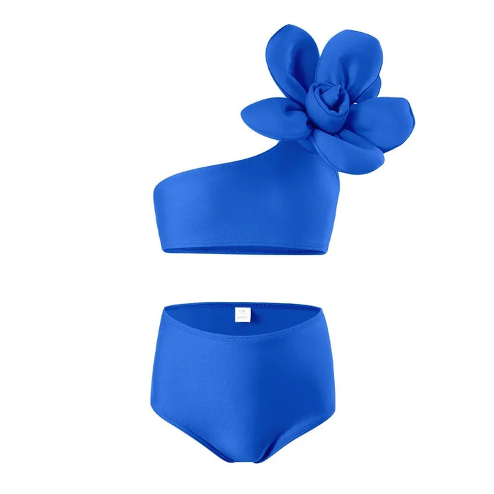 Lightweight girls’ bikini swimsuit set – durable one-shoulder flower top, cotton-polyester, for beach days