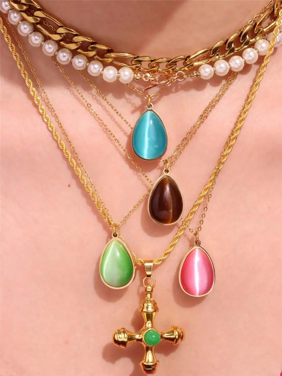 Layered Gold Tone Necklace Set With Resin Stone Pendants Boho Statement jewelry Gift Idea Fall 2026