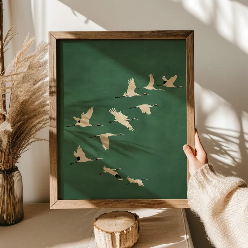 Cranes Wall Art Emerald Green Canvas With Gold Accents