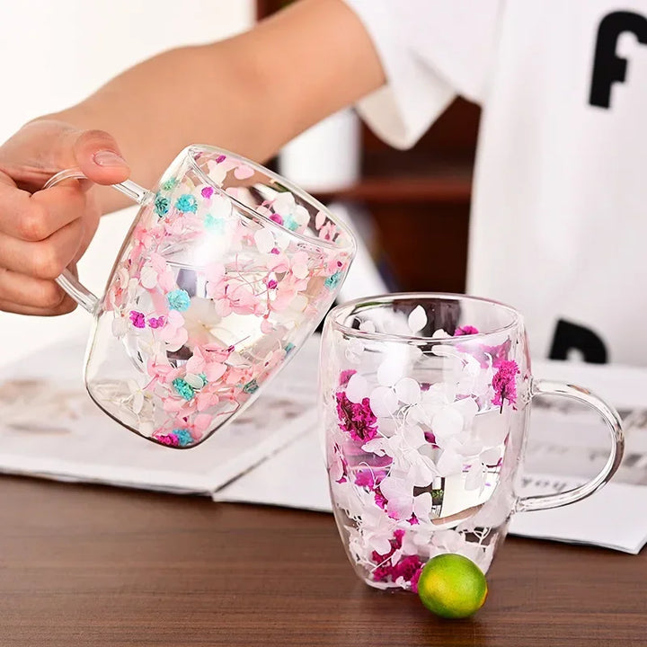 Double Wall Glass Cup with Handle Dried Flower Decorated Ins Style Mug 300ML