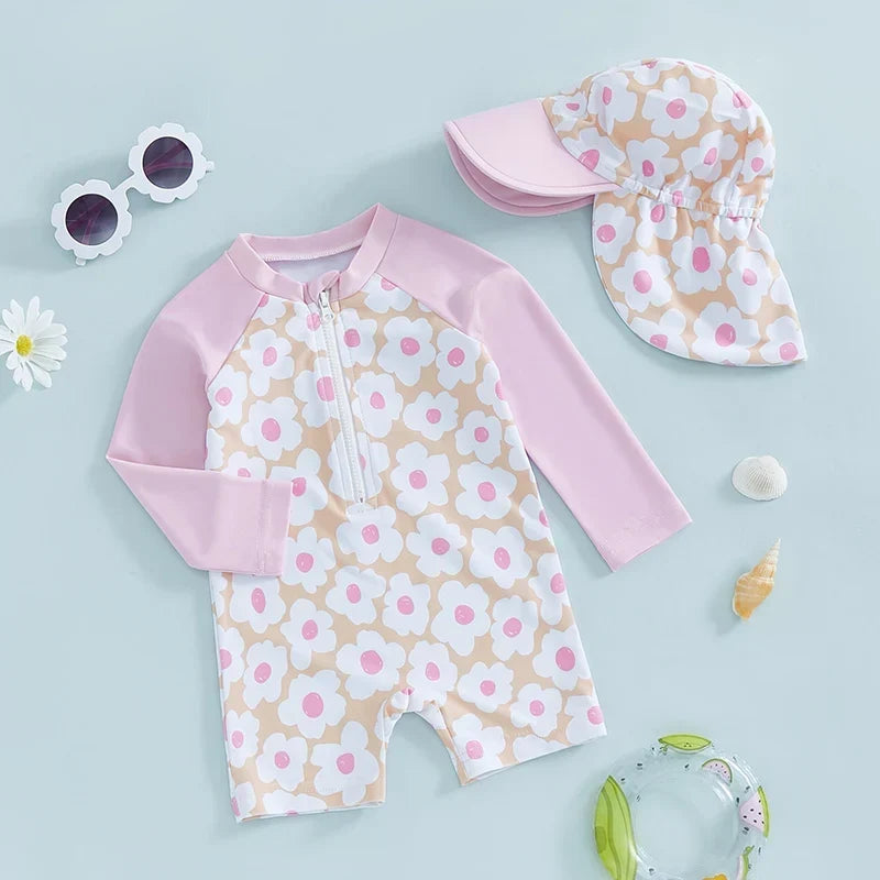 Lightweight Durable Toddler Girl Rash Guard Swimsuit - Long Sleeve Floral Flamingo Print, Polyester Elastane, Beachwear