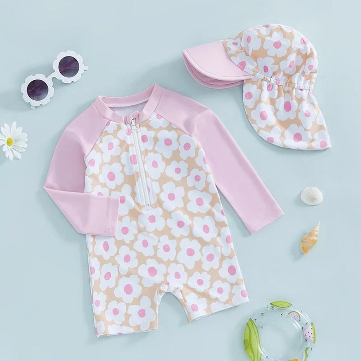 Lightweight Durable Toddler Girl Rash Guard Swimsuit - Long Sleeve Floral Flamingo Print, Polyester Elastane, Beachwear