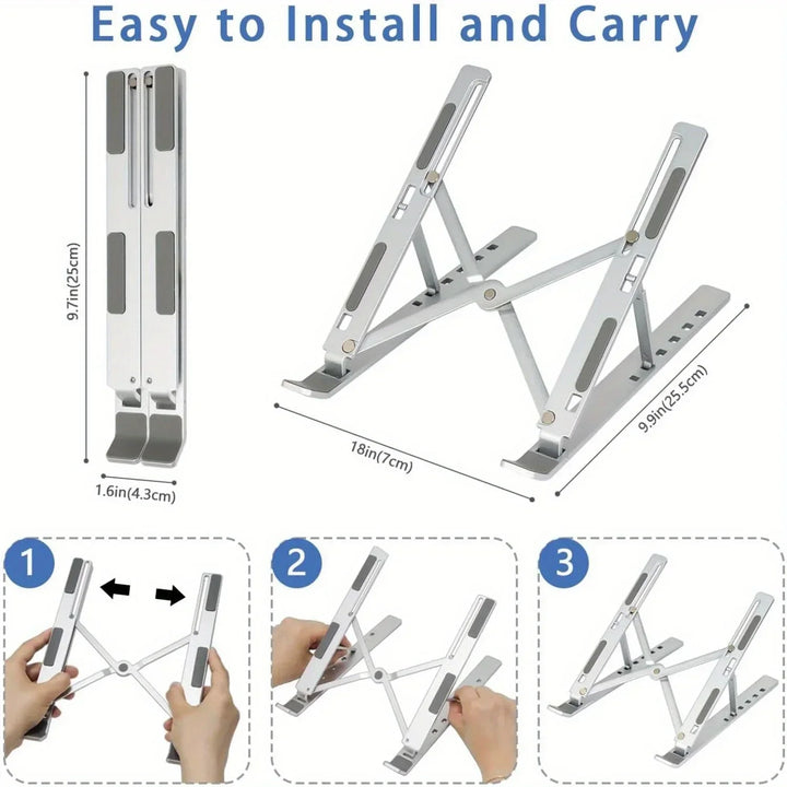 Portable Adjustable Aluminum Laptop Stand with Accessories - 6-Level Height, Anti-Slip Design, Enhanced Ventilation for 8-16" Laptops