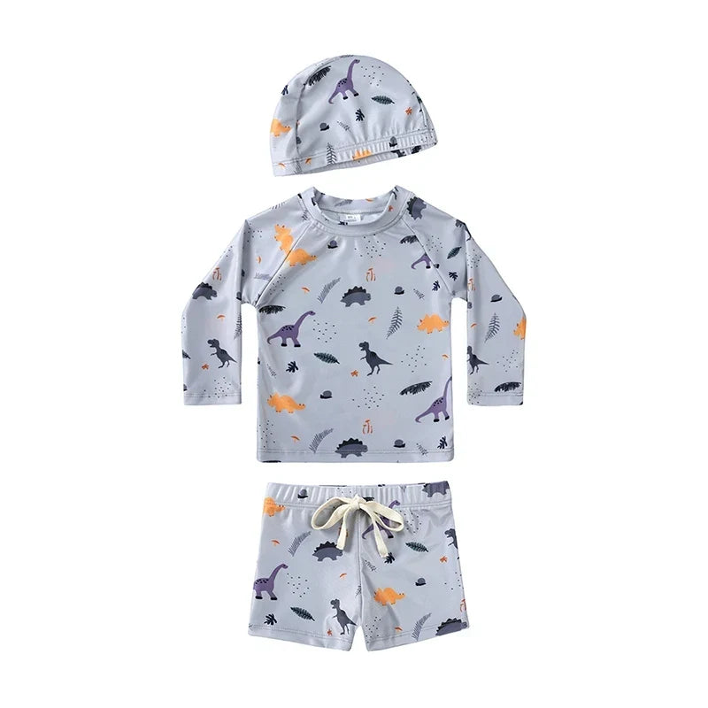 Quick-dry Unisex Baby Swimwear 2-Piece Set – Long-Sleeve Rash Guard Top, Shorts, Polyester, Summer Beachwear