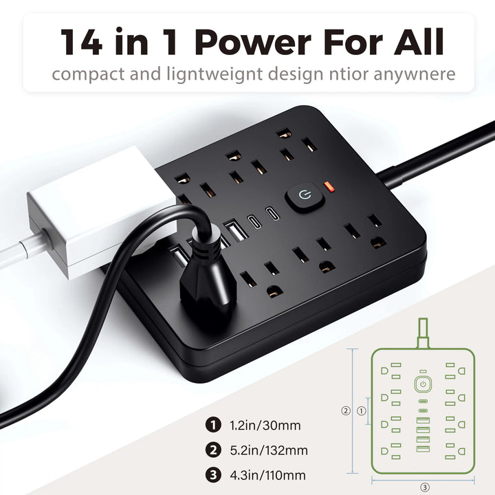 14-in-1 Power Outlet Surge Protector, 8 AC &amp; 4 USB, Extension Cord for Desktop Charging