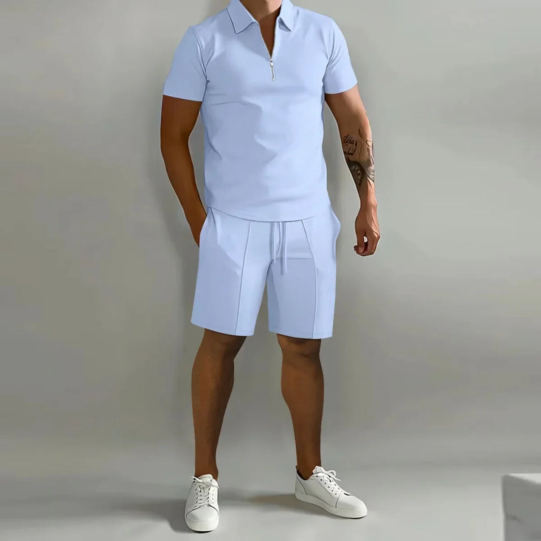 Solid color Polo Shirt &amp; Vertical Stripe Pants Set - Casual Short Sleeve Sports Wear