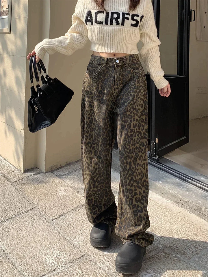 High-Waisted Leopard Print Wide Leg Jeans for Women, Trendy Fit in S-XXL Sizes