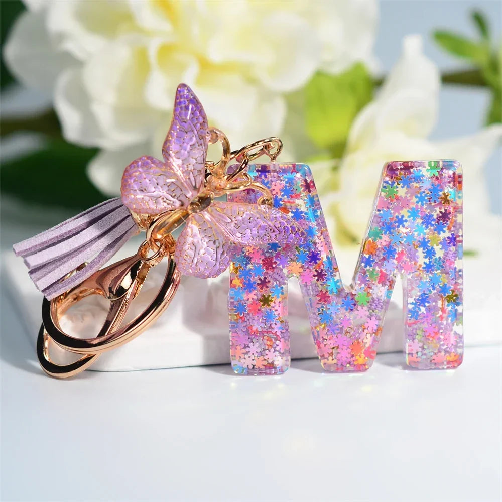 Sequin Letter Keychain With Butterfly Tassel Charm