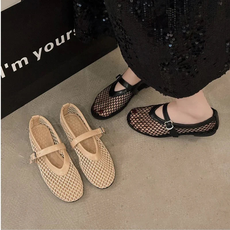 Breathable Women Mesh Ballet Flats - Strappy Round Toe