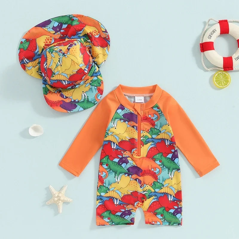 Lightweight Toddler Boys Rash Guard Swimsuit - Long Sleeve, Turtle Print, Polyester, Beachwear