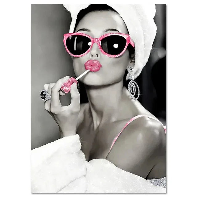 Bar Bathroom Decor Hepburn Canvas Art - Girl Drinking Smoking Wall Picture Bling Design