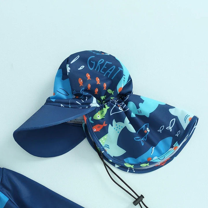 Quick-dry baby boys rash guard swimsuit set - long sleeve zip-up, fish print, polyester, summer beachwear
