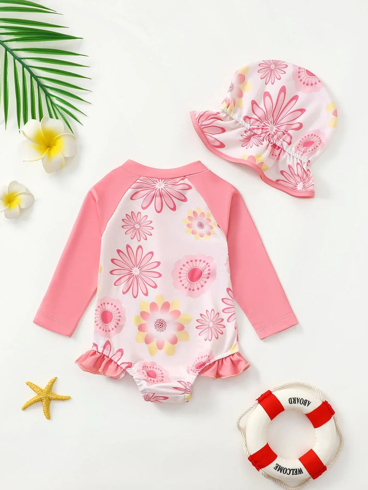 Breathable Baby Girl Onesie Swimsuit With Sun Hat – Long-Sleeve Floral Print, Polyester, For Sun Protection