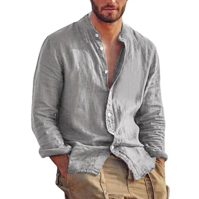 Men’s Cotton Shirt with Mandarin Collar, Lightweight Breathable Casual Summer Shirt in Tailored Fit