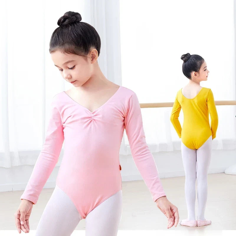 Breathable girls long sleeve ballet leotard - twist-front, cotton, for dance class