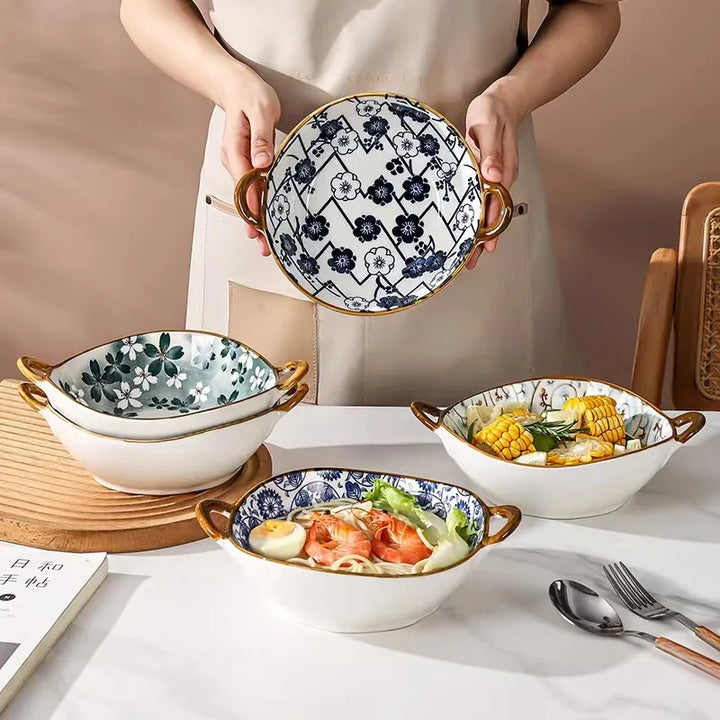 7.5 Inch Japanese Ceramic Noodle Bowl With Handles Blue