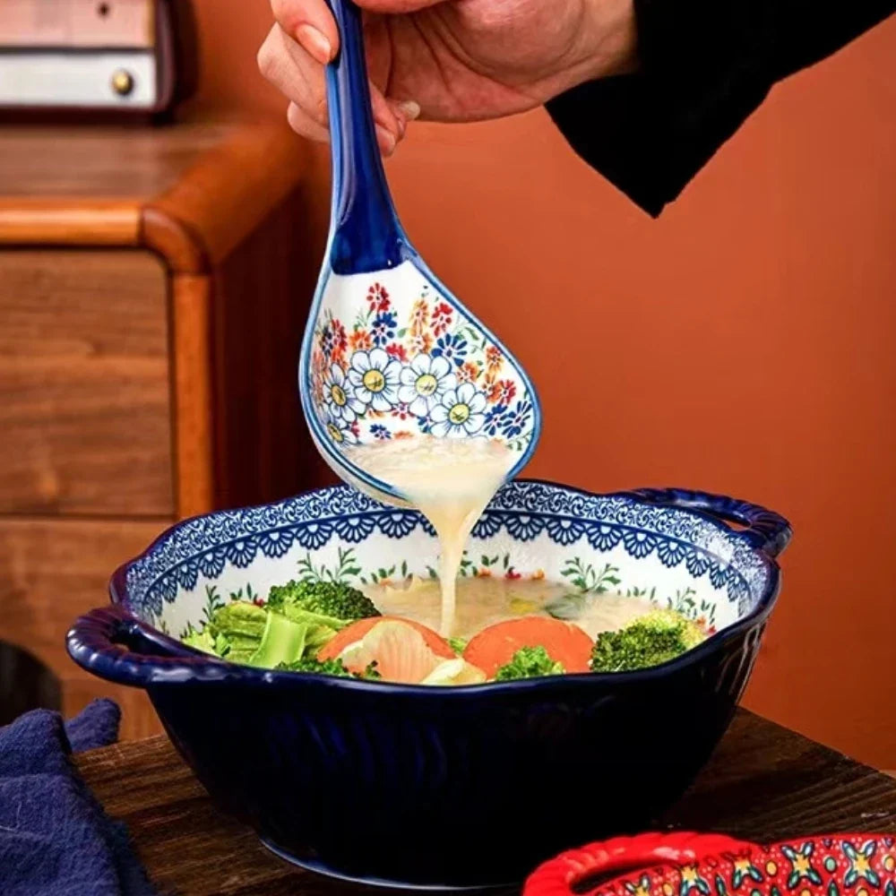Ceramic Soup Bowl Bohemian Handle Embossed Microwave