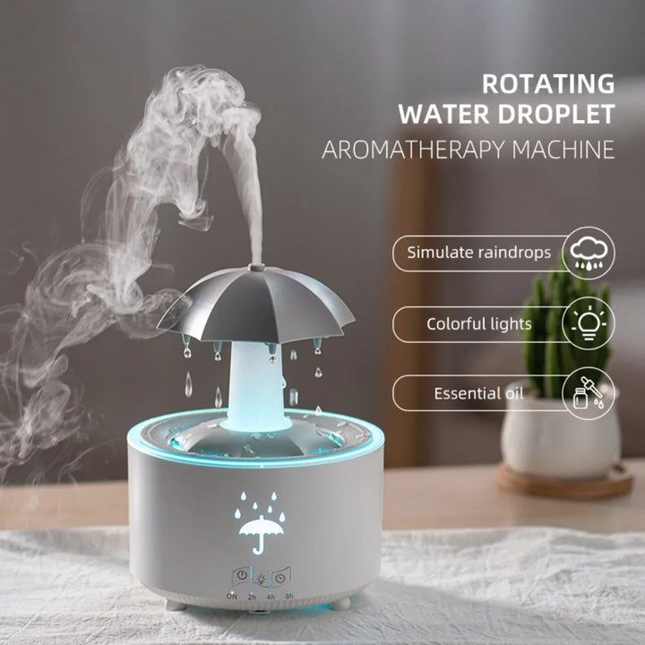 Rotating Umbrella Water Drop Humidifier with Night Lights, Essential Oil Aroma Diffuser for Home, Mute Spray, 300ML Capacity