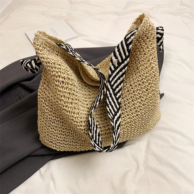 Straw Beach Bag - Large Capacity Woven Tote With Knot Shoulder Straps, Summer 2026