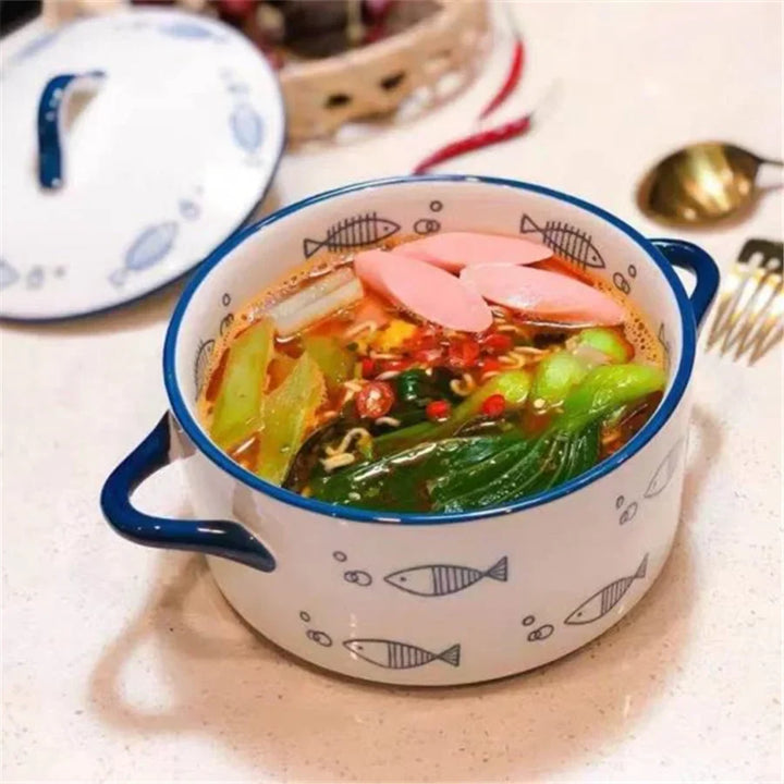 Ceramic 1000ml Covered Noodle Bowl Microwave Safe With Lid