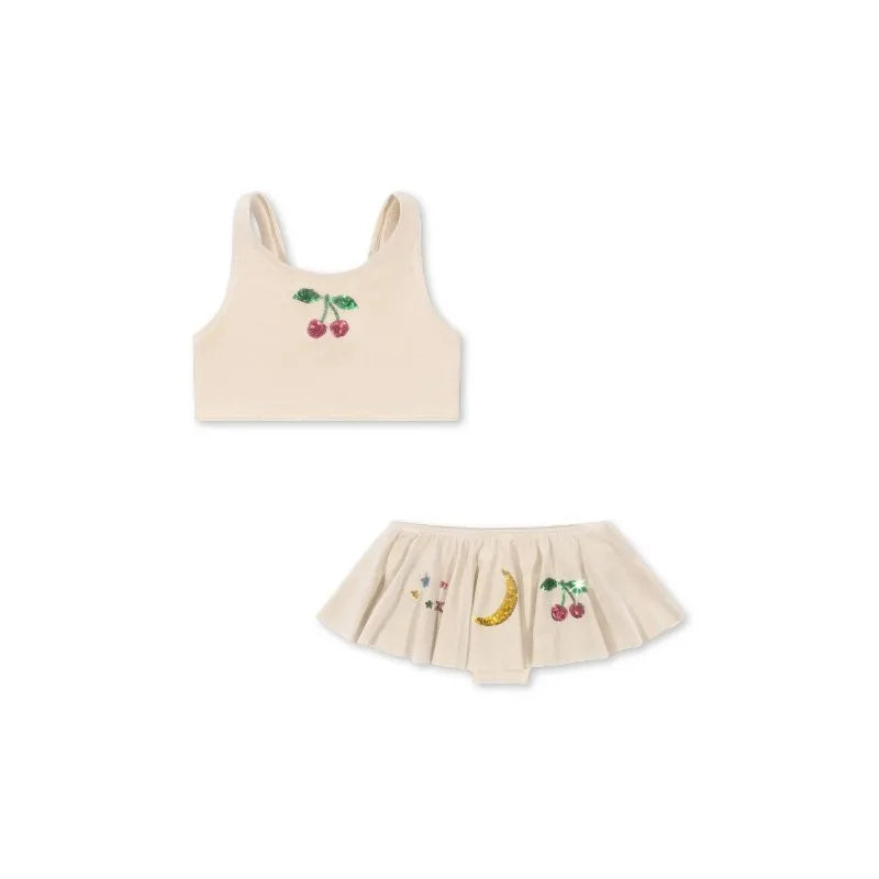 Quick-dry girls’ swimwear - checkered cherry print bikini set, nylon, for summer vacation