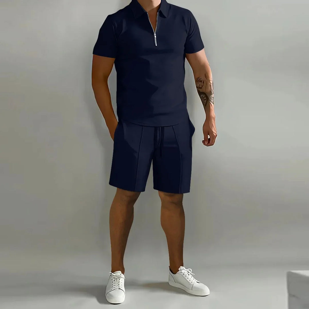 Solid color Polo Shirt &amp; Vertical Stripe Pants Set - Casual Short Sleeve Sports Wear