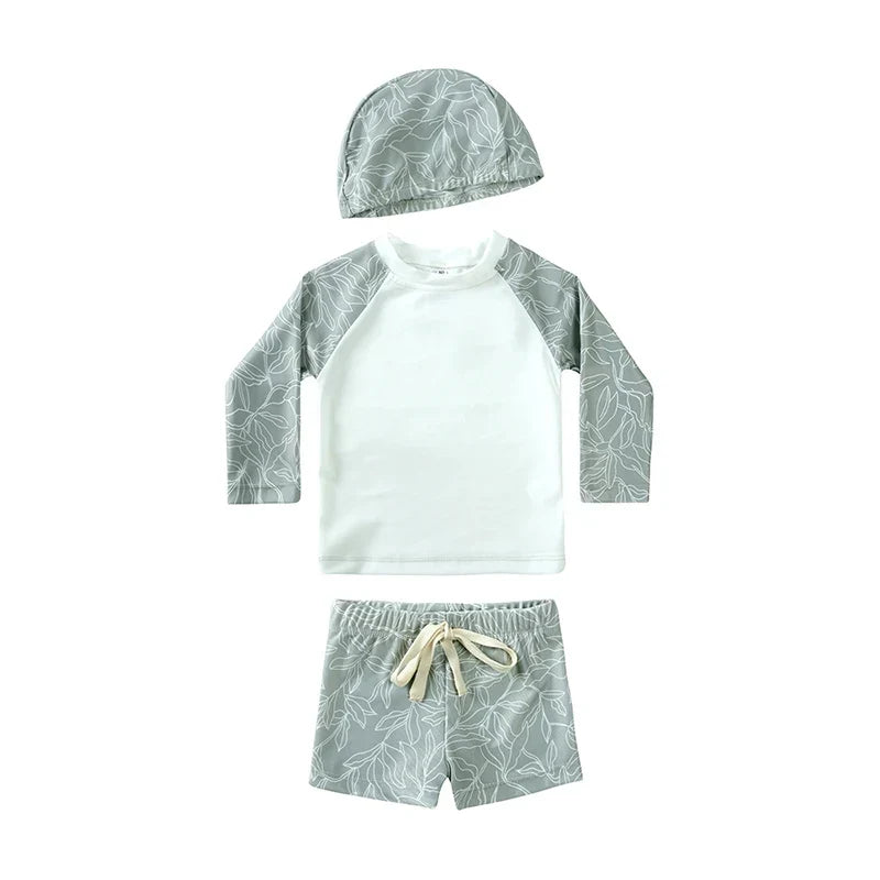 Breathable Kids Rash Guard Swim Set – Long-Sleeve Top, Swim Pants, Hat, Polyester Elastane, Beach Vacation