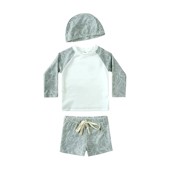 Breathable Kids Rash Guard Swim Set – Long-Sleeve Top, Swim Pants, Hat, Polyester Elastane, Beach Vacation