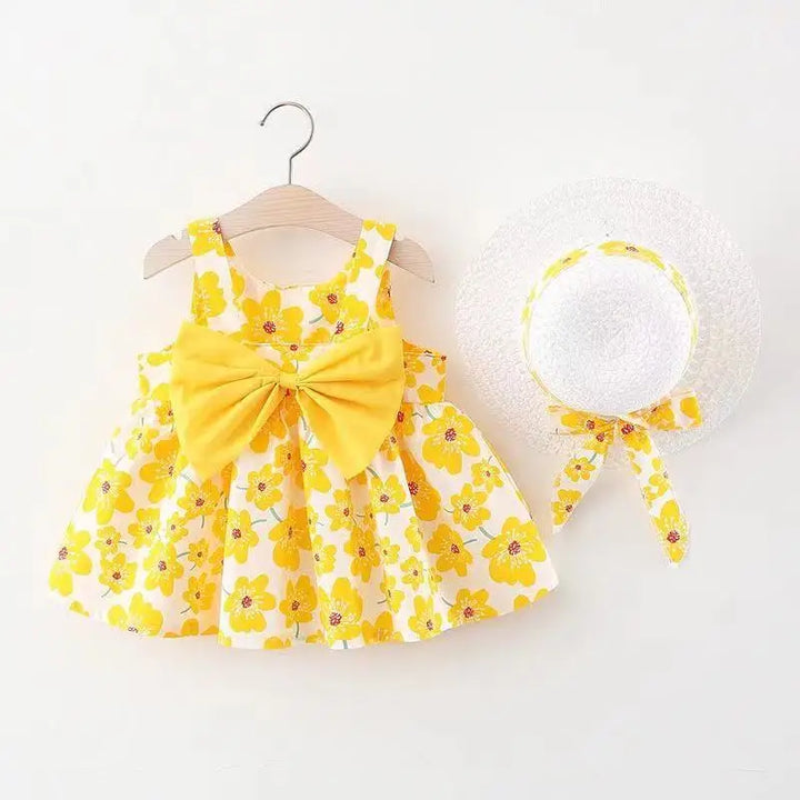 Soft baby girls dress - sleeveless, floral bow-embellished, cotton-polyester blend, for summer outings