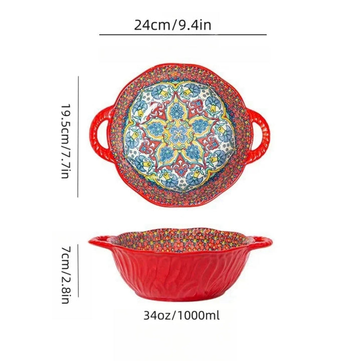 Ceramic Soup Bowl Bohemian Handle Embossed Microwave