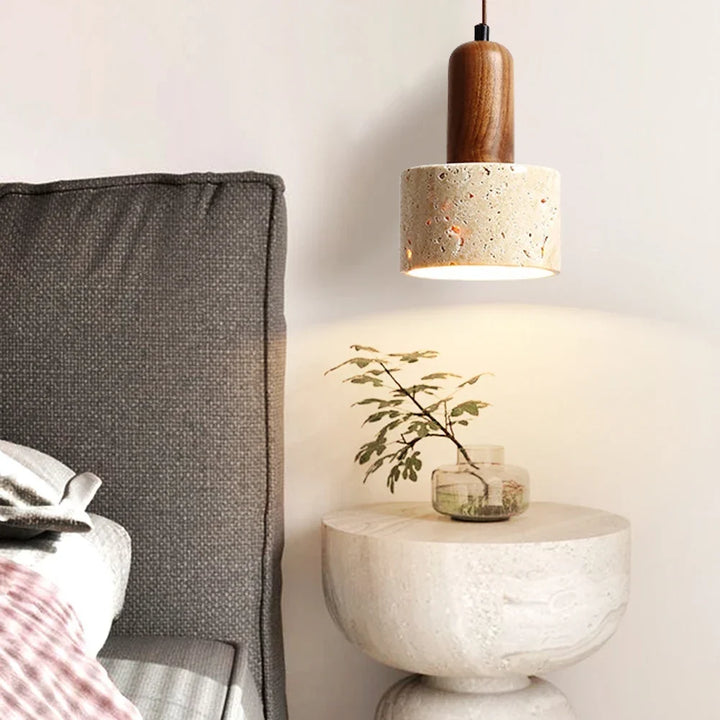 Japandi Japanese Pendant Light Wood And Travertine Bedside Lamp