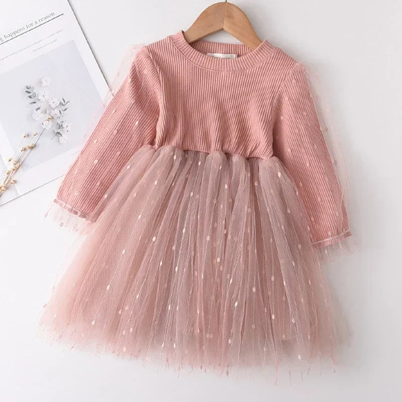 Soft Girls Dress - Long-Sleeve Knee-Length Floral Print, Cotton, For Casual Wear