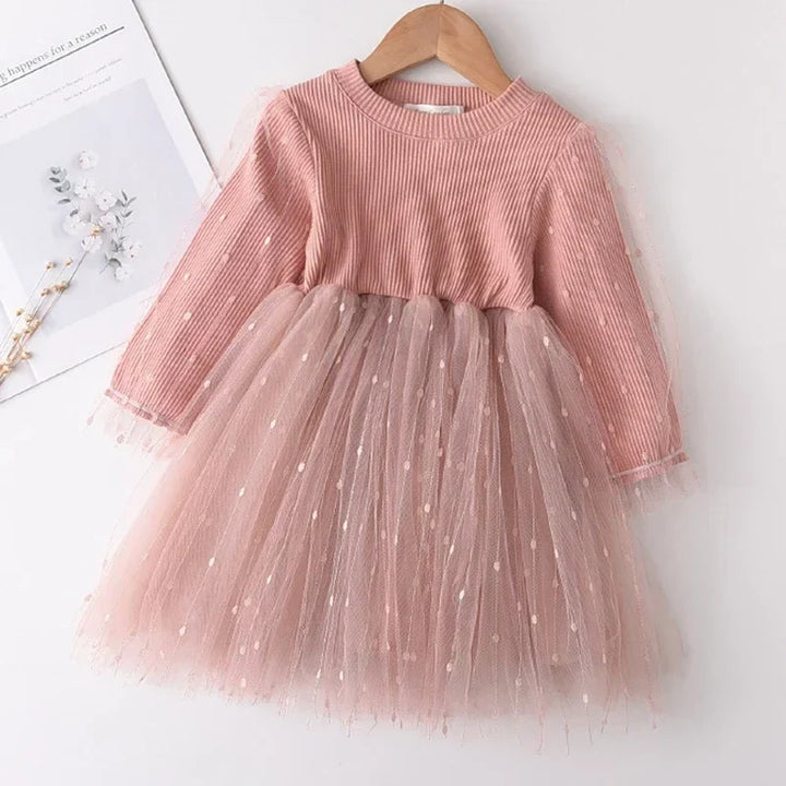 Soft Girls Dress - Long-Sleeve Knee-Length Floral Print, Cotton, For Casual Wear