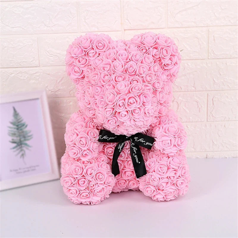 Faux Rose Teddy Bear with Gift Box and Lights - Romantic Anniversary or Valentine&