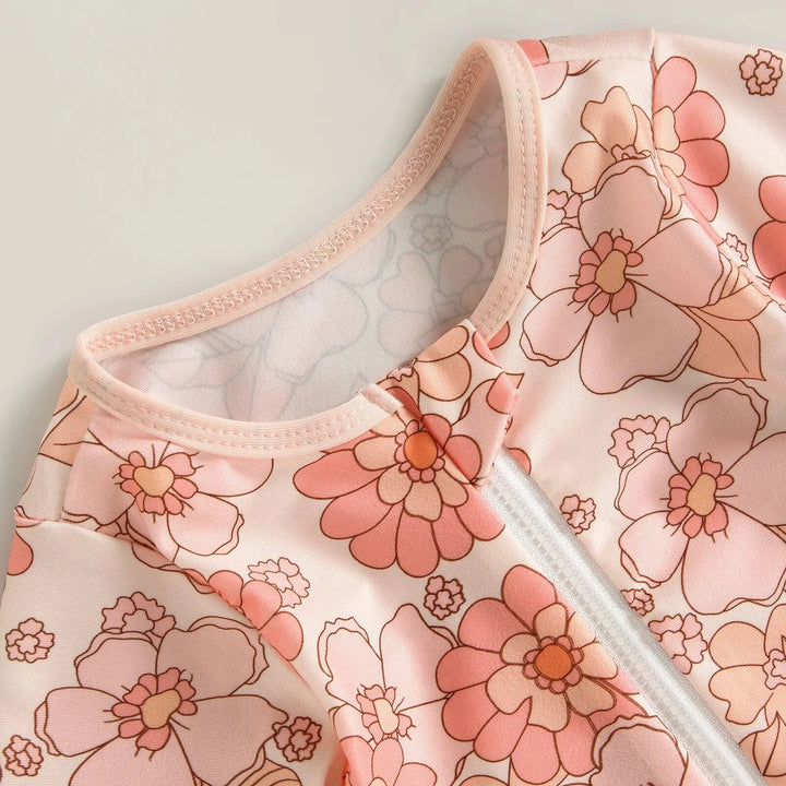 Lightweight infant girl’s swimwear jumpsuit – long-sleeve zipper, flamingo floral print, polyester, for summer