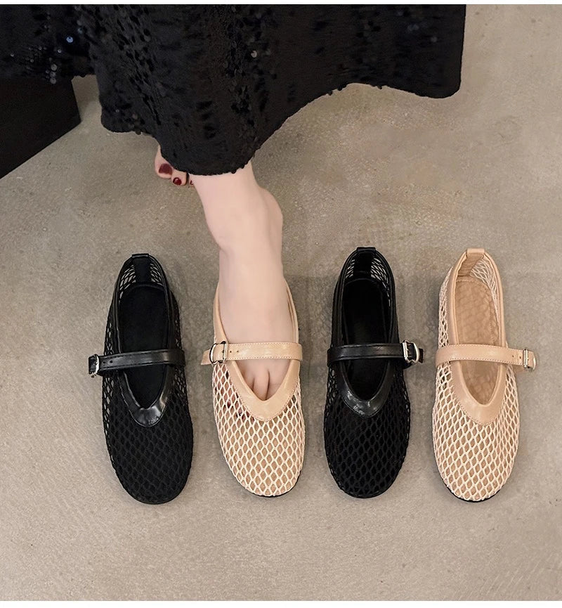 Breathable Women Mesh Ballet Flats - Strappy Round Toe