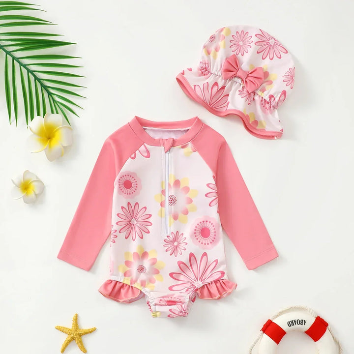Breathable Baby Girl Onesie Swimsuit With Sun Hat – Long-Sleeve Floral Print, Polyester, For Sun Protection