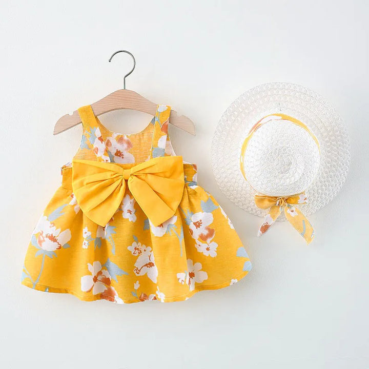 Soft baby girls dress - sleeveless, floral bow-embellished, cotton-polyester blend, for summer outings
