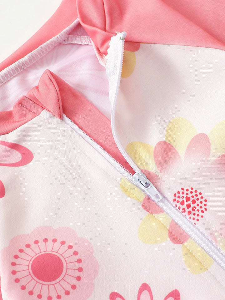 Breathable Baby Girl Onesie Swimsuit With Sun Hat – Long-Sleeve Floral Print, Polyester, For Sun Protection