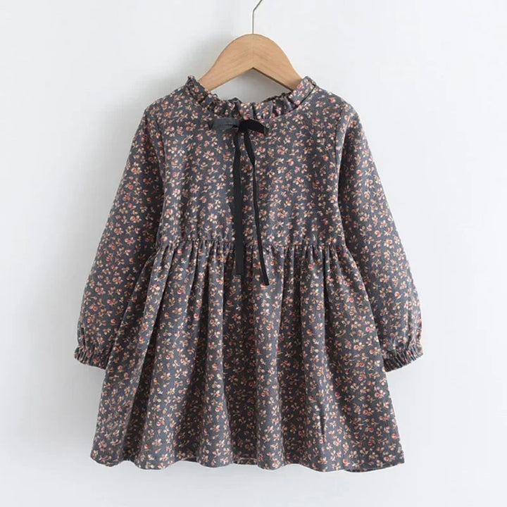 Soft Girls Dress – Long Sleeve Knee-Length, Floral Print, Cotton, Casual Autumn Wear
