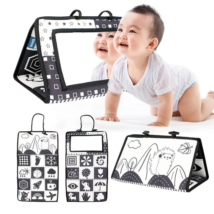 Black and White Tummy Time Mirror Toy for Infants, Sensory Development Crinkle Cloth, Best Newborn Tummy Time Toy, Montessori Inspired