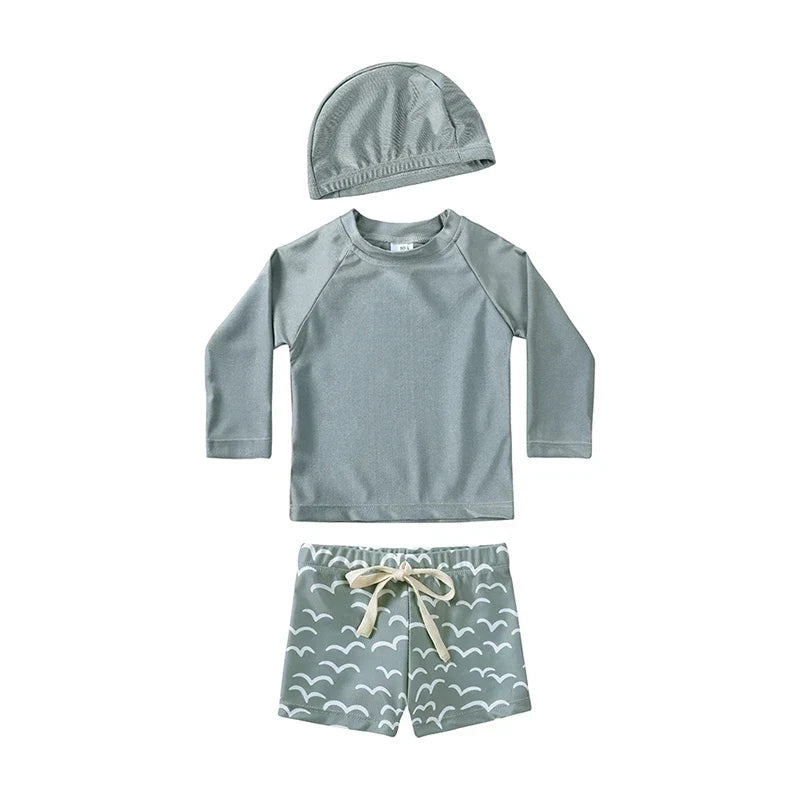 Breathable Kids Rash Guard Swim Set – Long-Sleeve Top, Swim Pants, Hat, Polyester Elastane, Beach Vacation