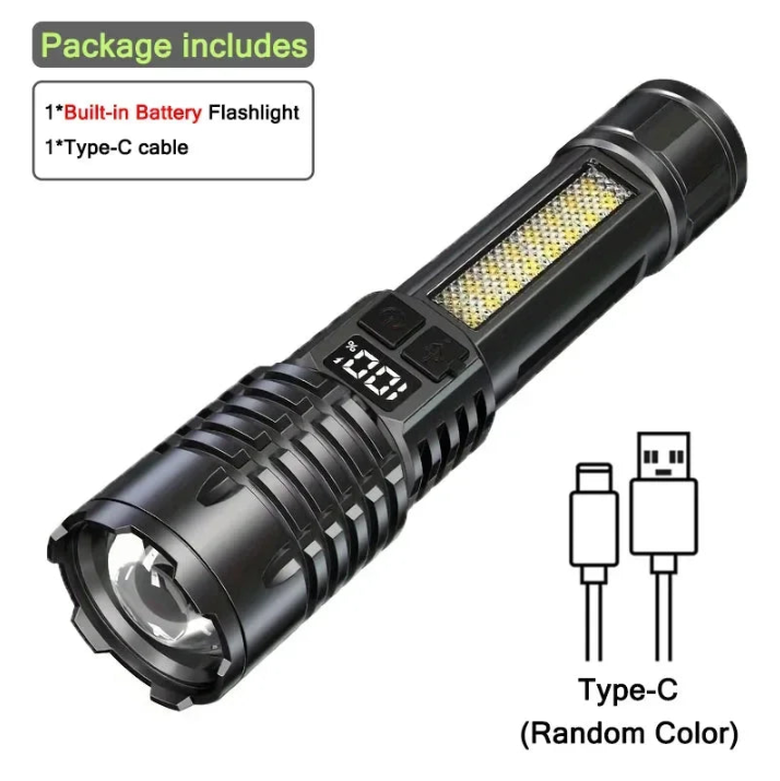 High Power LED Flashlight - TYPE-C Rechargeable Torch for Camping and Hiking, Waterproof with Side Light