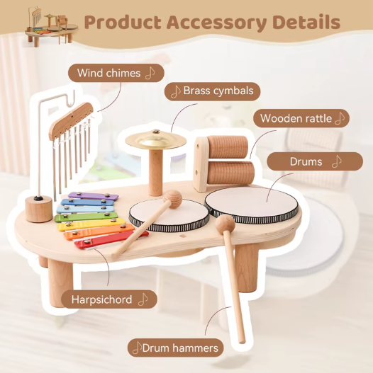 Baby Educational Toys Wooden Xylophone Bells - Montessori Music Table for Newborn Birthday Gifts