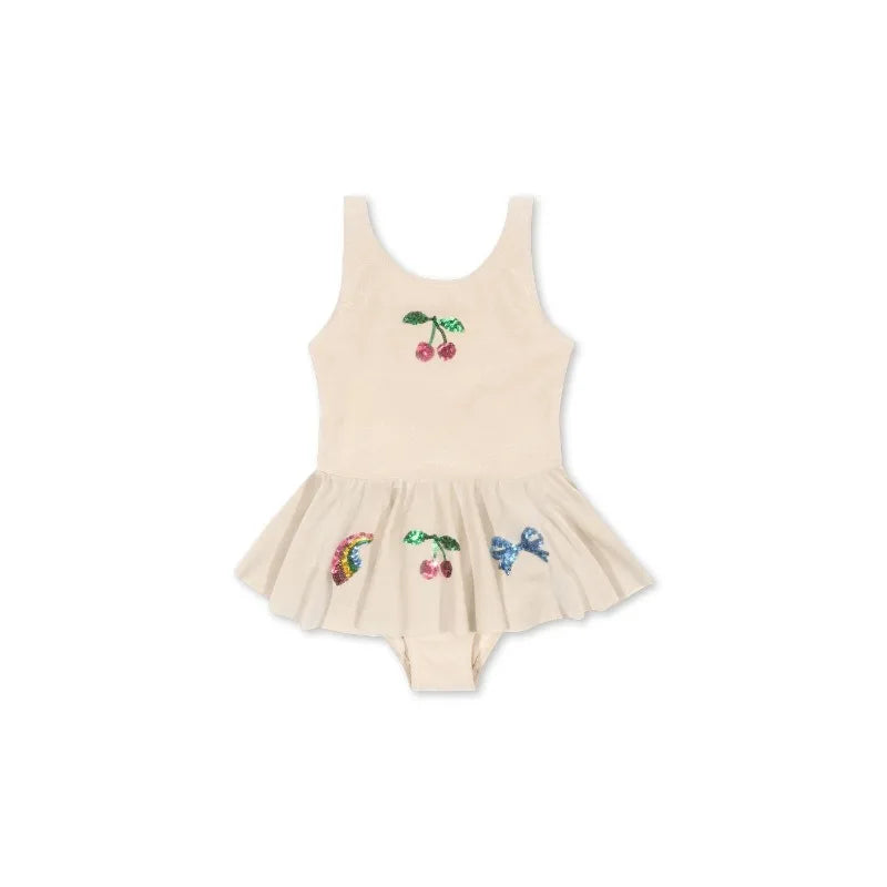 Quick-dry girls’ swimwear - checkered cherry print bikini set, nylon, for summer vacation