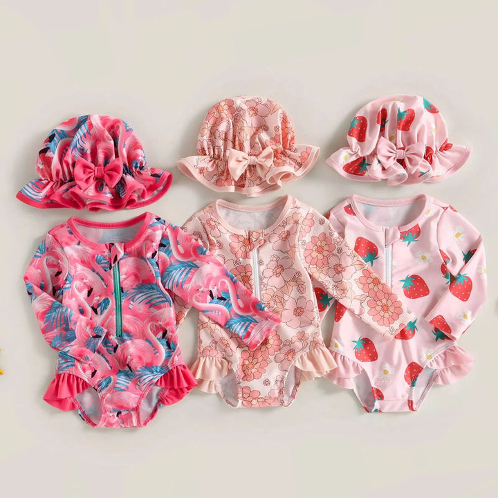 Lightweight infant girl’s swimwear jumpsuit – long-sleeve zipper, flamingo floral print, polyester, for summer