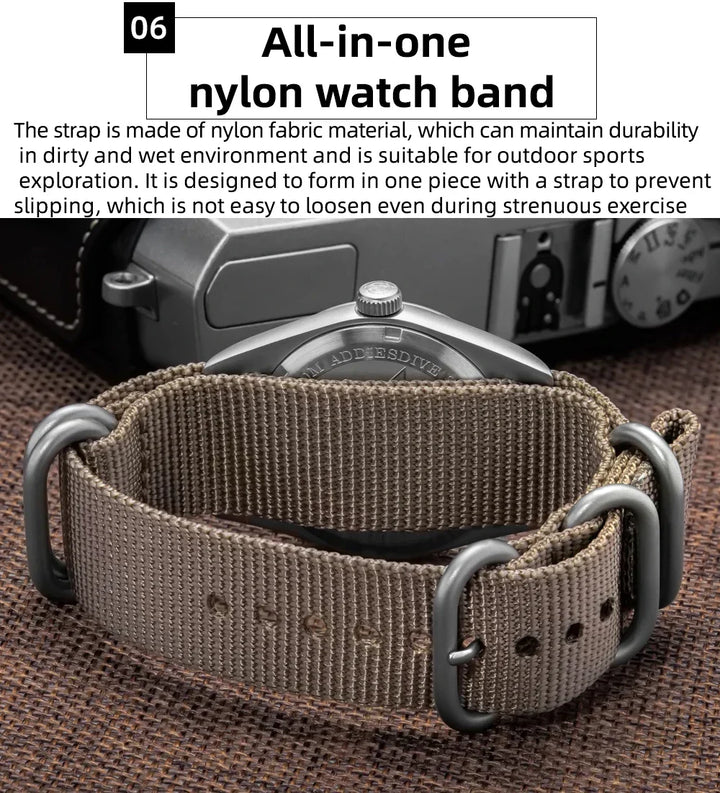 Waterproof Diver Quartz Watch Luminous Hands, Nylon Strap, 100m Water Resistance