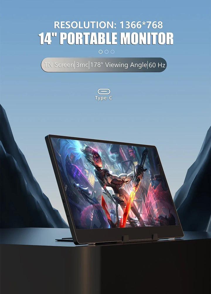 Portable 14 Inch Monitor 178 Degree View Built In Speaker