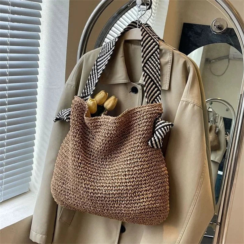 Straw Beach Bag - Large Capacity Woven Tote With Knot Shoulder Straps, Summer 2026