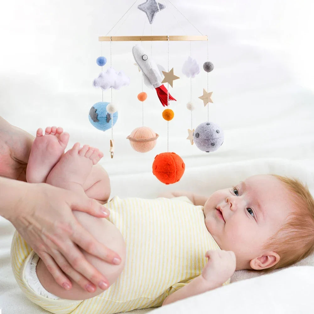Wooden Rocket Crib Mobile Newborn Sensory Toys Soothing